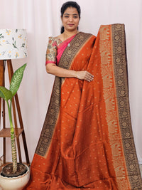 Jute Banarasi Silk Saree - Rust Orange with Brown