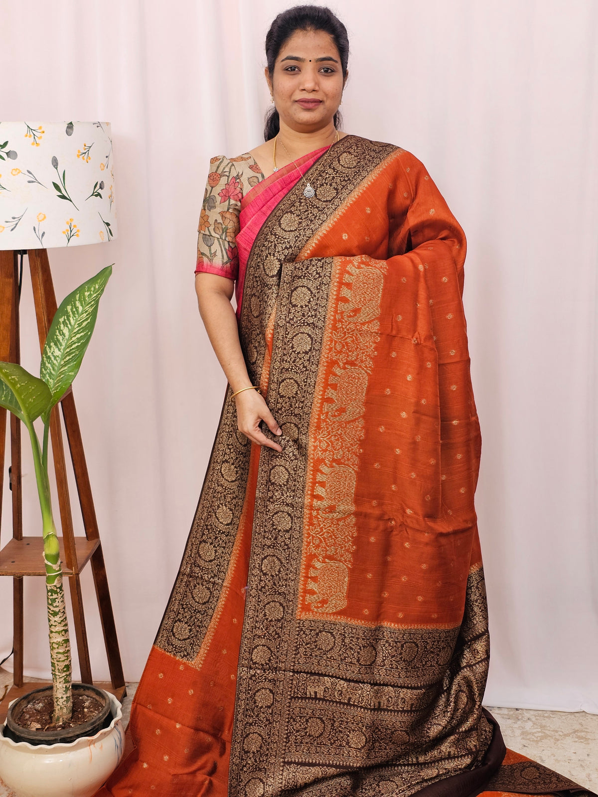 Jute Banarasi Silk Saree - Rust Orange with Brown