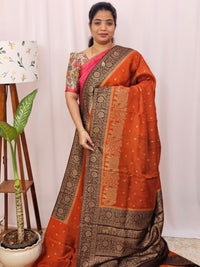 Jute Banarasi Silk Saree - Rust Orange with Brown