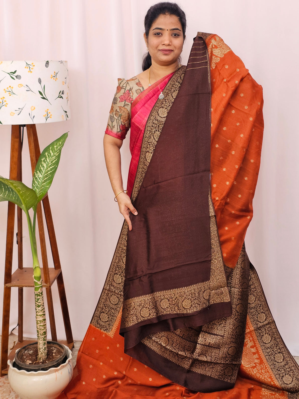 Jute Banarasi Silk Saree - Rust Orange with Brown