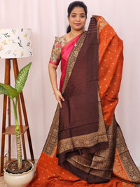 Jute Banarasi Silk Saree - Rust Orange with Brown