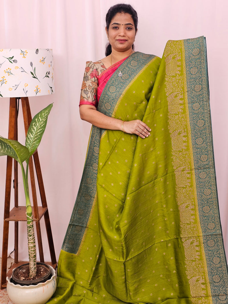 Jute Banarasi Silk Saree -  Green with Sea Green