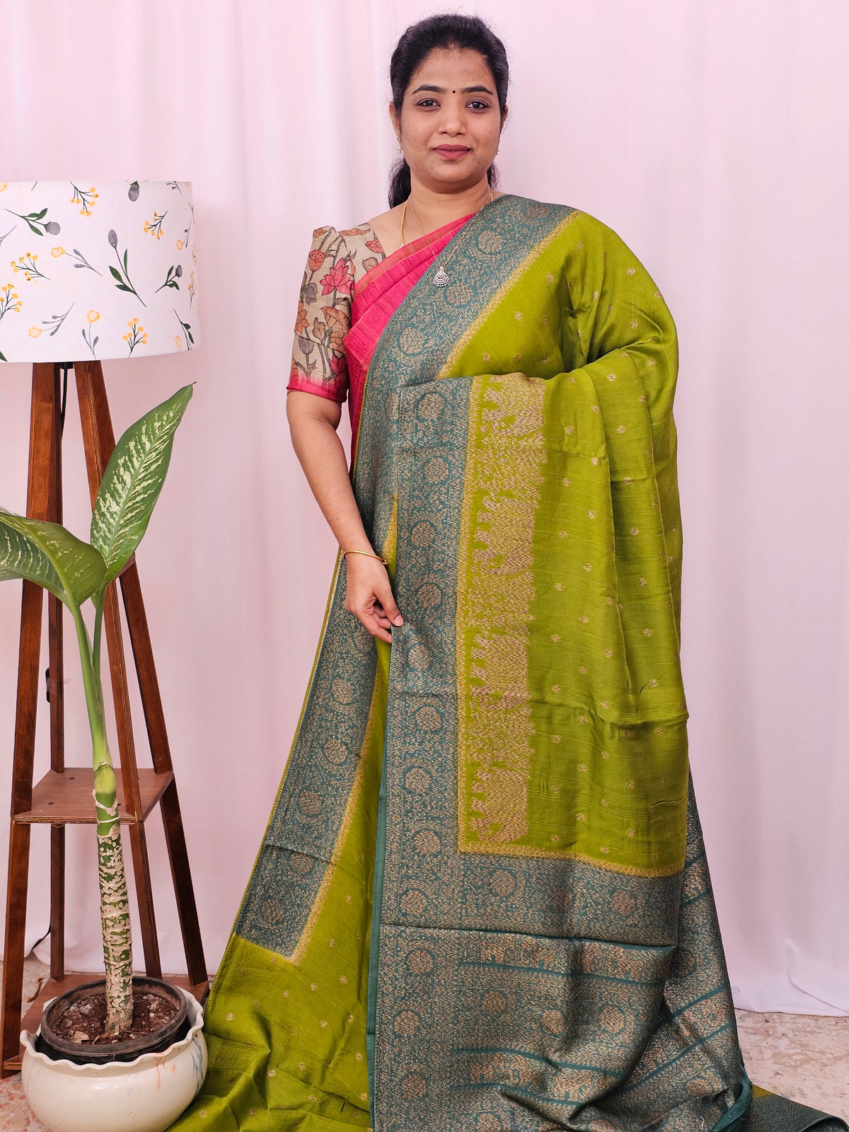 Jute Banarasi Silk Saree -  Green with Sea Green