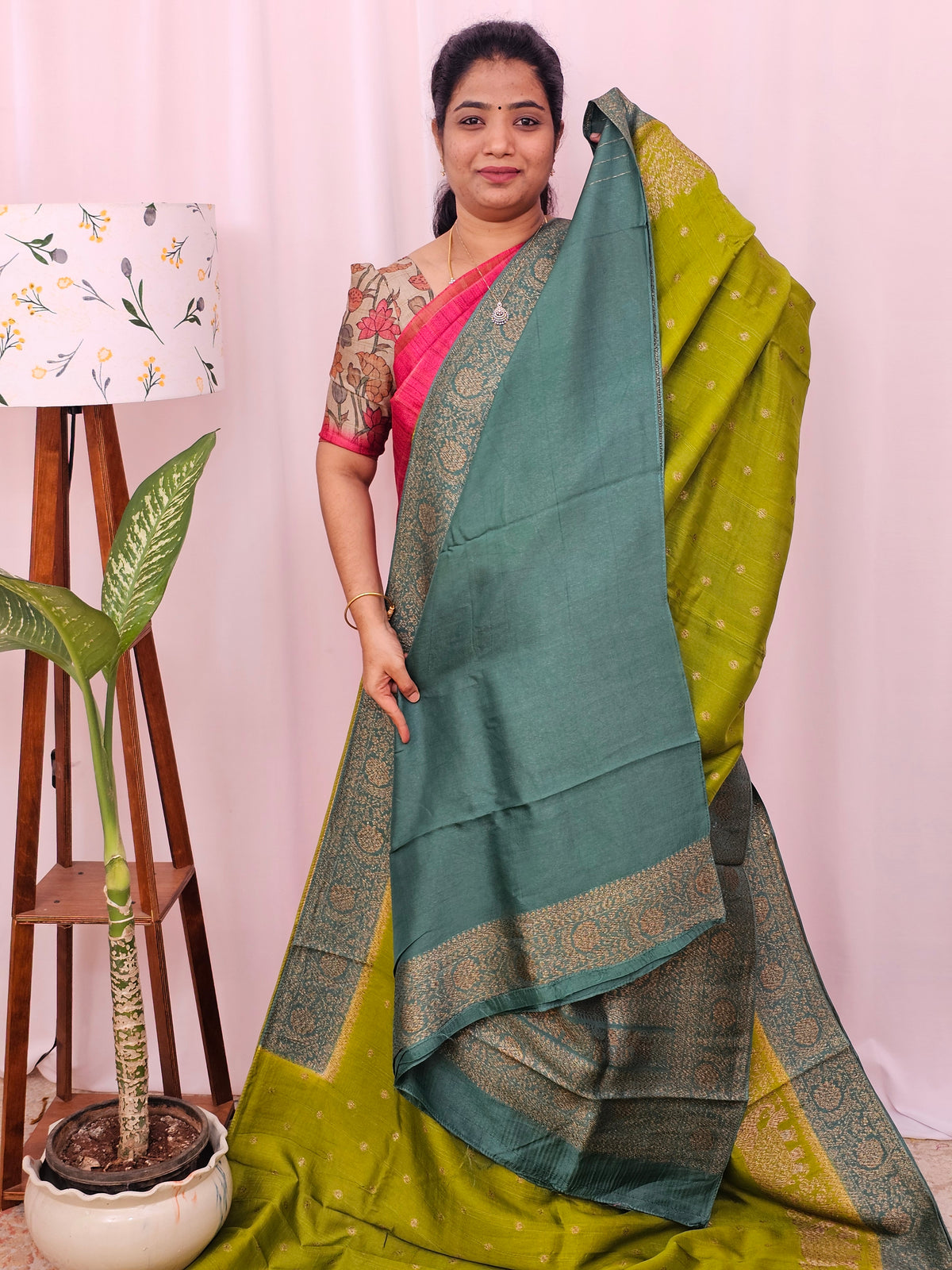 Jute Banarasi Silk Saree -  Green with Sea Green