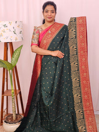 Jute Banarasi Silk Saree - Bottle Green with Red