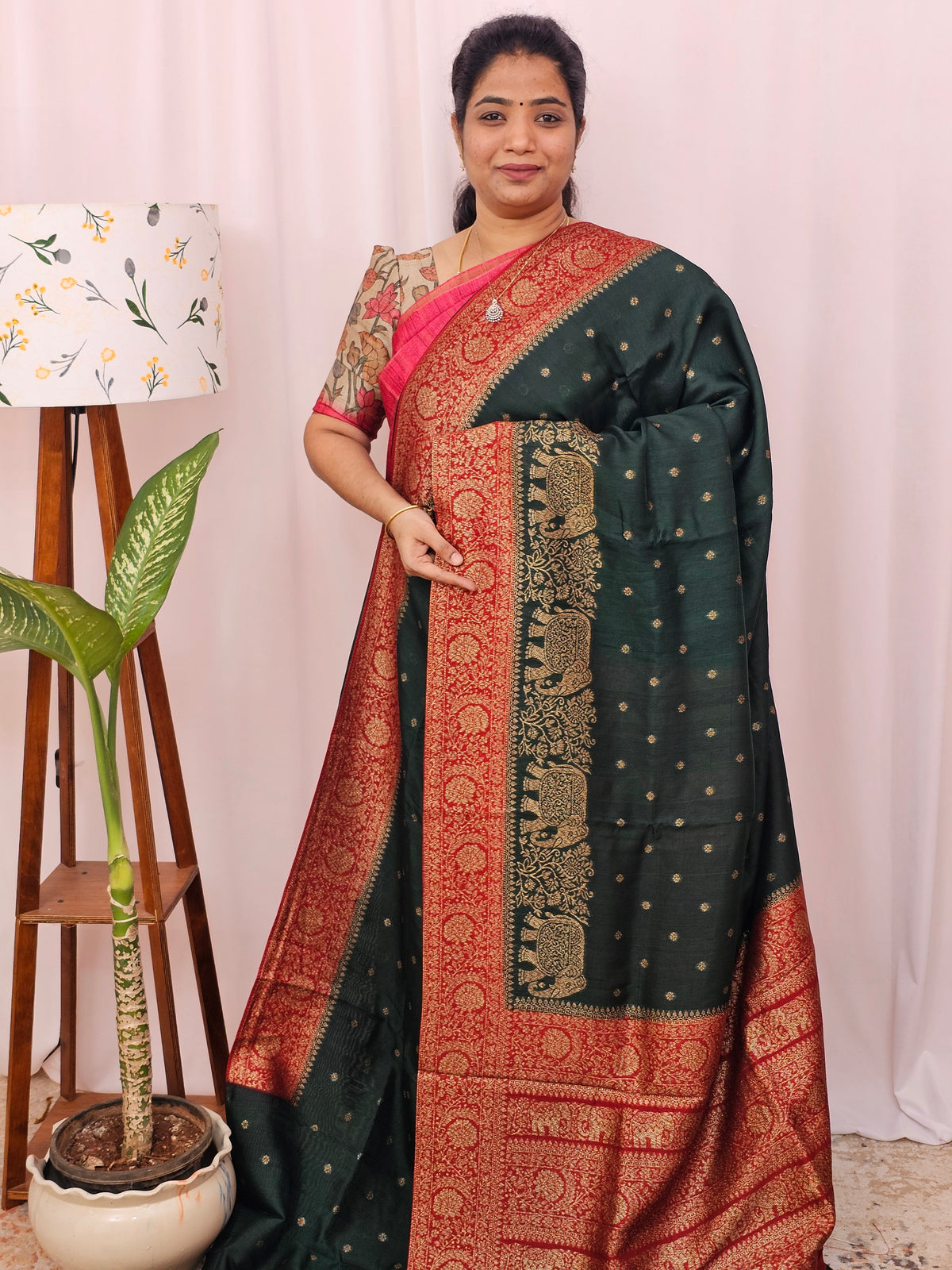 Jute Banarasi Silk Saree - Bottle Green with Red