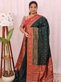 Jute Banarasi Silk Saree - Bottle Green with Red