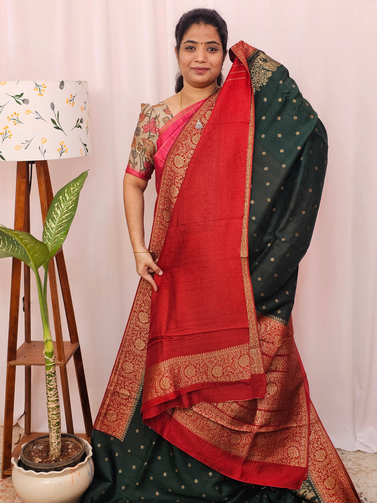 Jute Banarasi Silk Saree - Bottle Green with Red