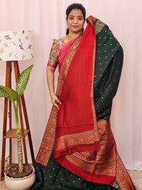 Jute Banarasi Silk Saree - Bottle Green with Red