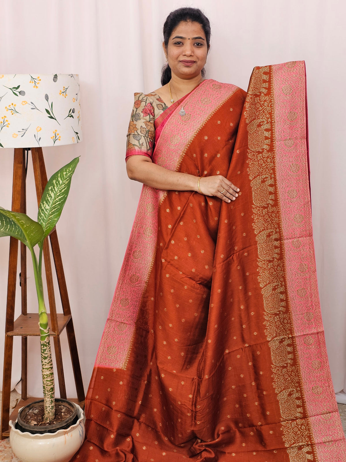 Jute Banarasi Silk Saree - Rust Orange with Pink