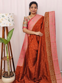 Jute Banarasi Silk Saree - Rust Orange with Pink