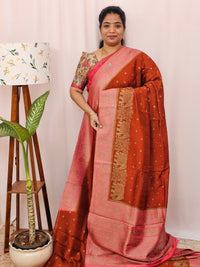 Jute Banarasi Silk Saree - Rust Orange with Pink