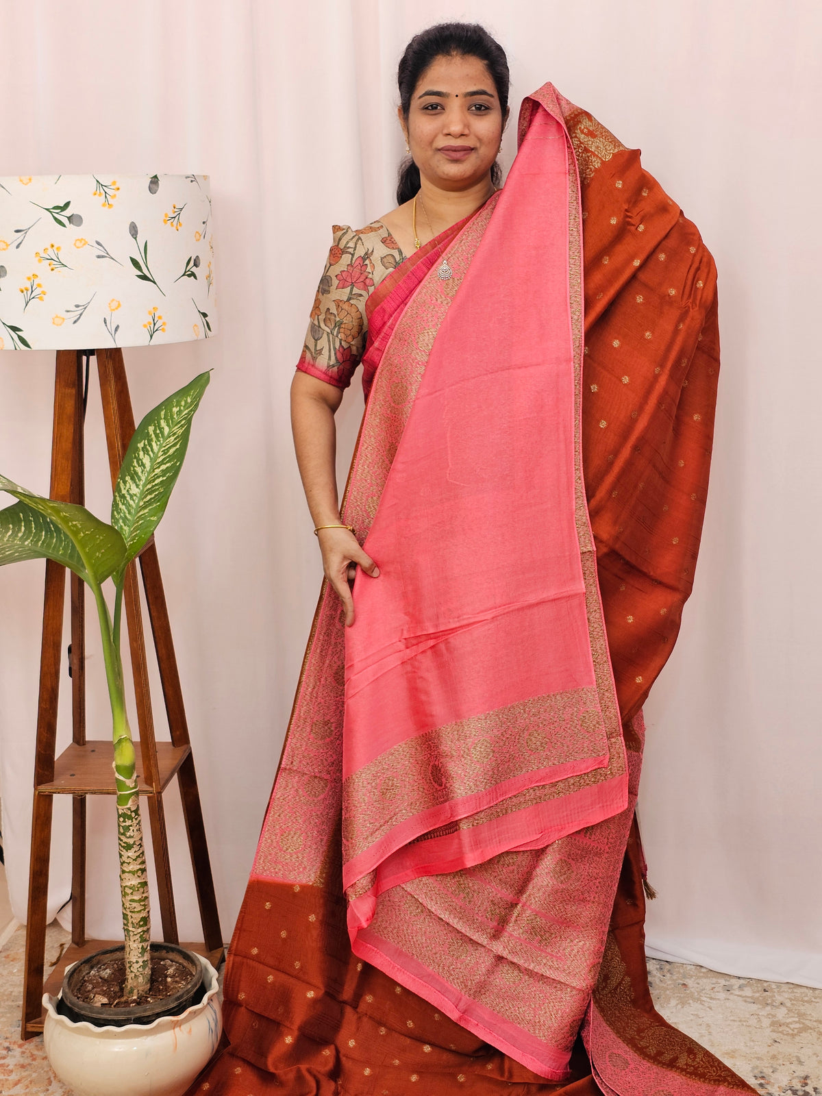 Jute Banarasi Silk Saree - Rust Orange with Pink