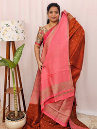 Jute Banarasi Silk Saree - Rust Orange with Pink