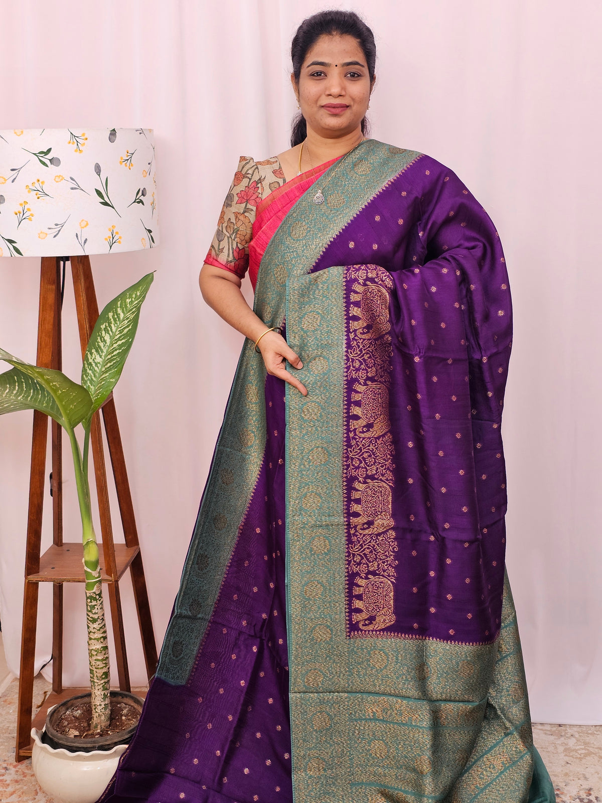 Jute Banarasi Silk Saree - Purple with Sea Green