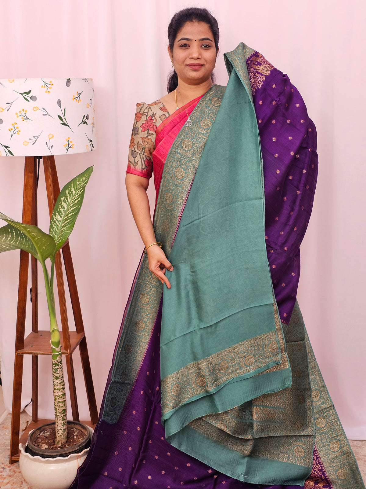 Jute Banarasi Silk Saree - Purple with Sea Green