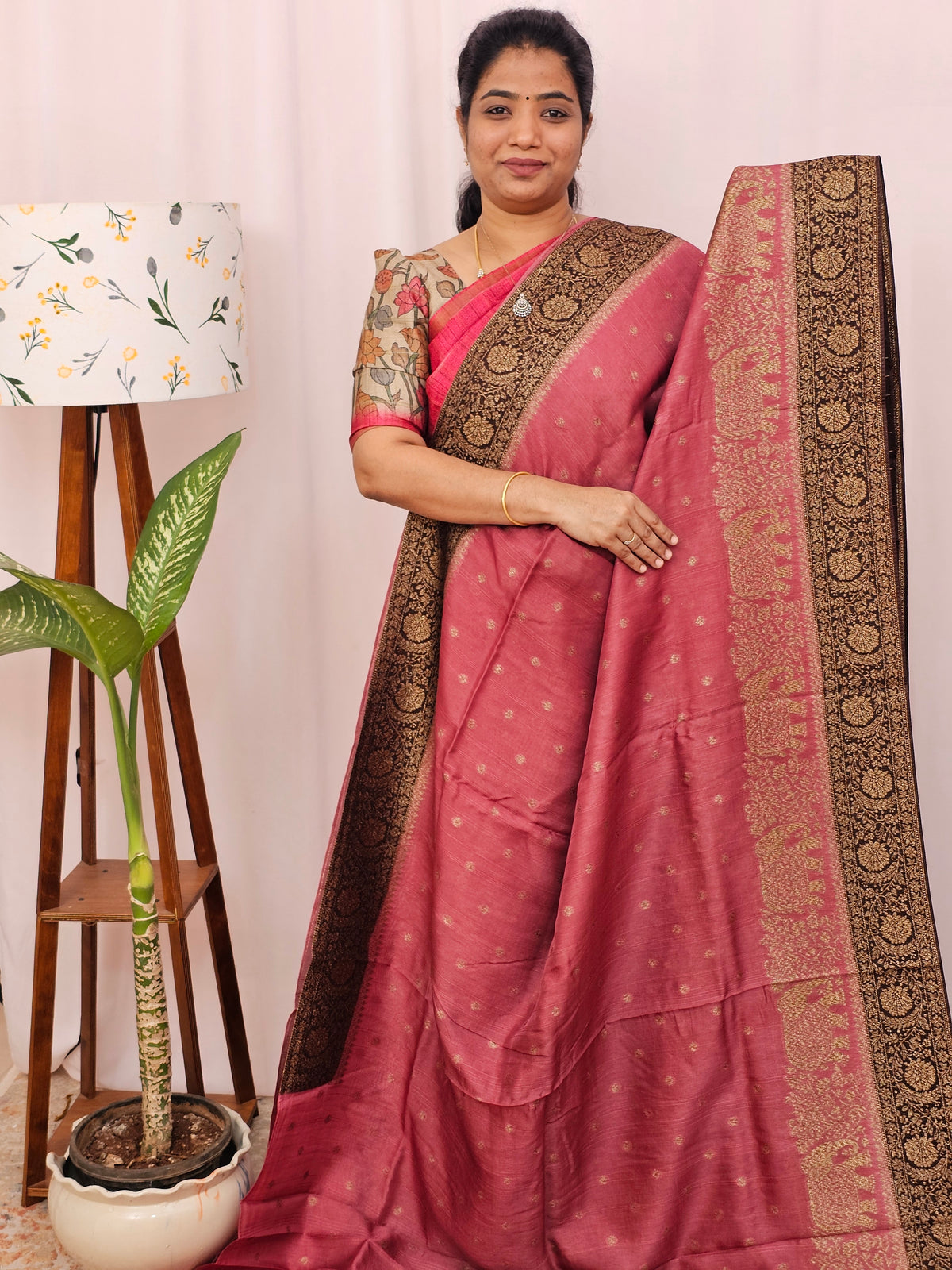 Jute Banarasi Silk Saree - Onion Pink with Brown