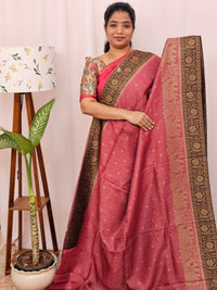Jute Banarasi Silk Saree - Onion Pink with Brown