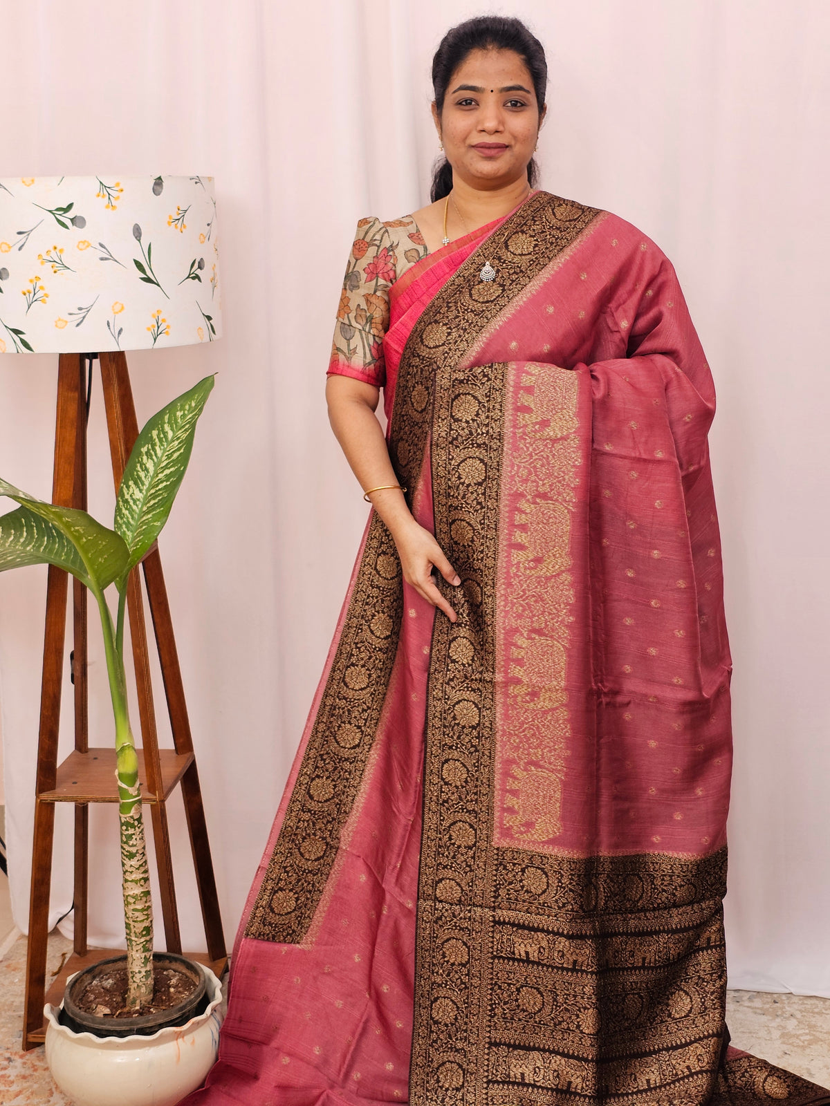 Jute Banarasi Silk Saree - Onion Pink with Brown