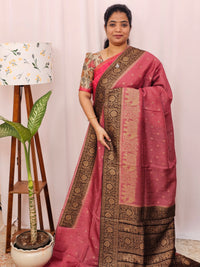 Jute Banarasi Silk Saree - Onion Pink with Brown