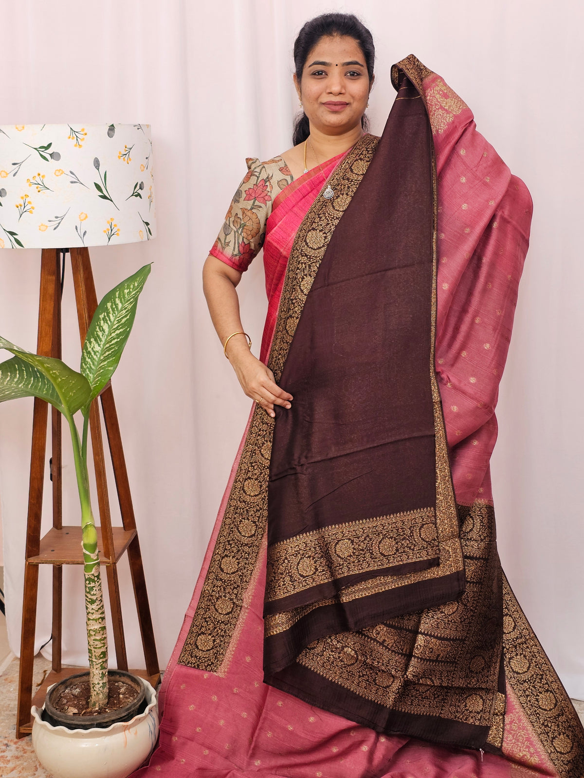 Jute Banarasi Silk Saree - Onion Pink with Brown
