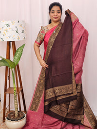 Jute Banarasi Silk Saree - Onion Pink with Brown