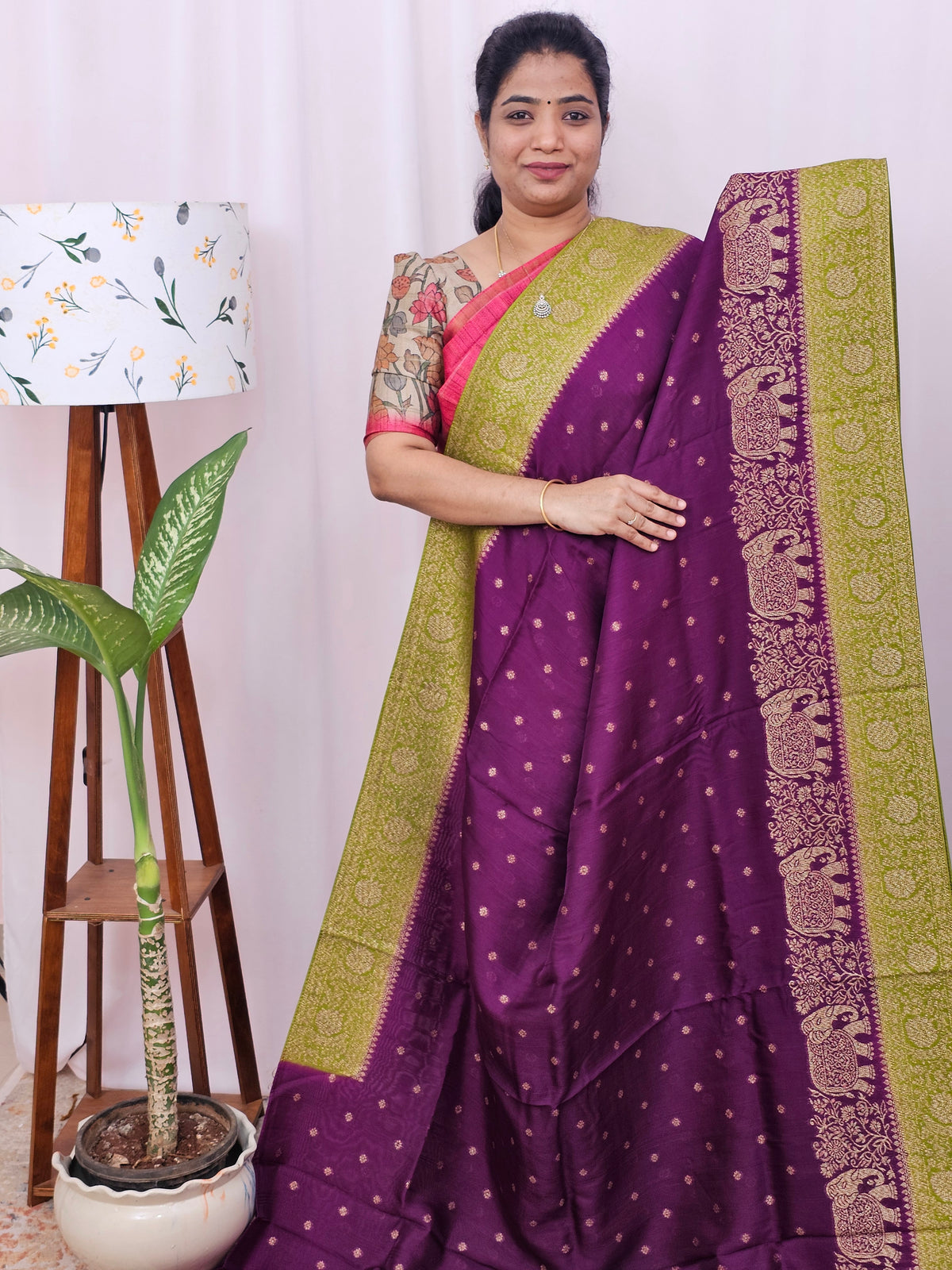 Jute Banarasi Silk Saree - Purple with Green