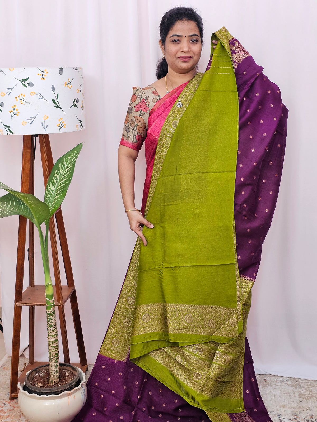Jute Banarasi Silk Saree - Purple with Green