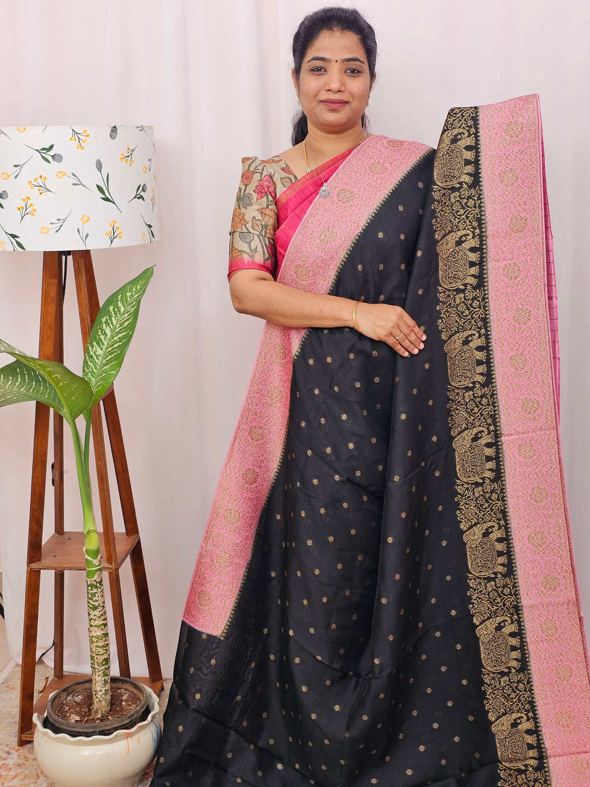 Jute Banarasi Silk Saree - Black with Pink