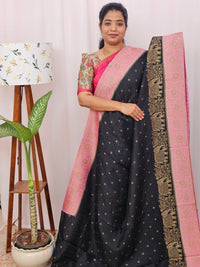 Jute Banarasi Silk Saree - Black with Pink