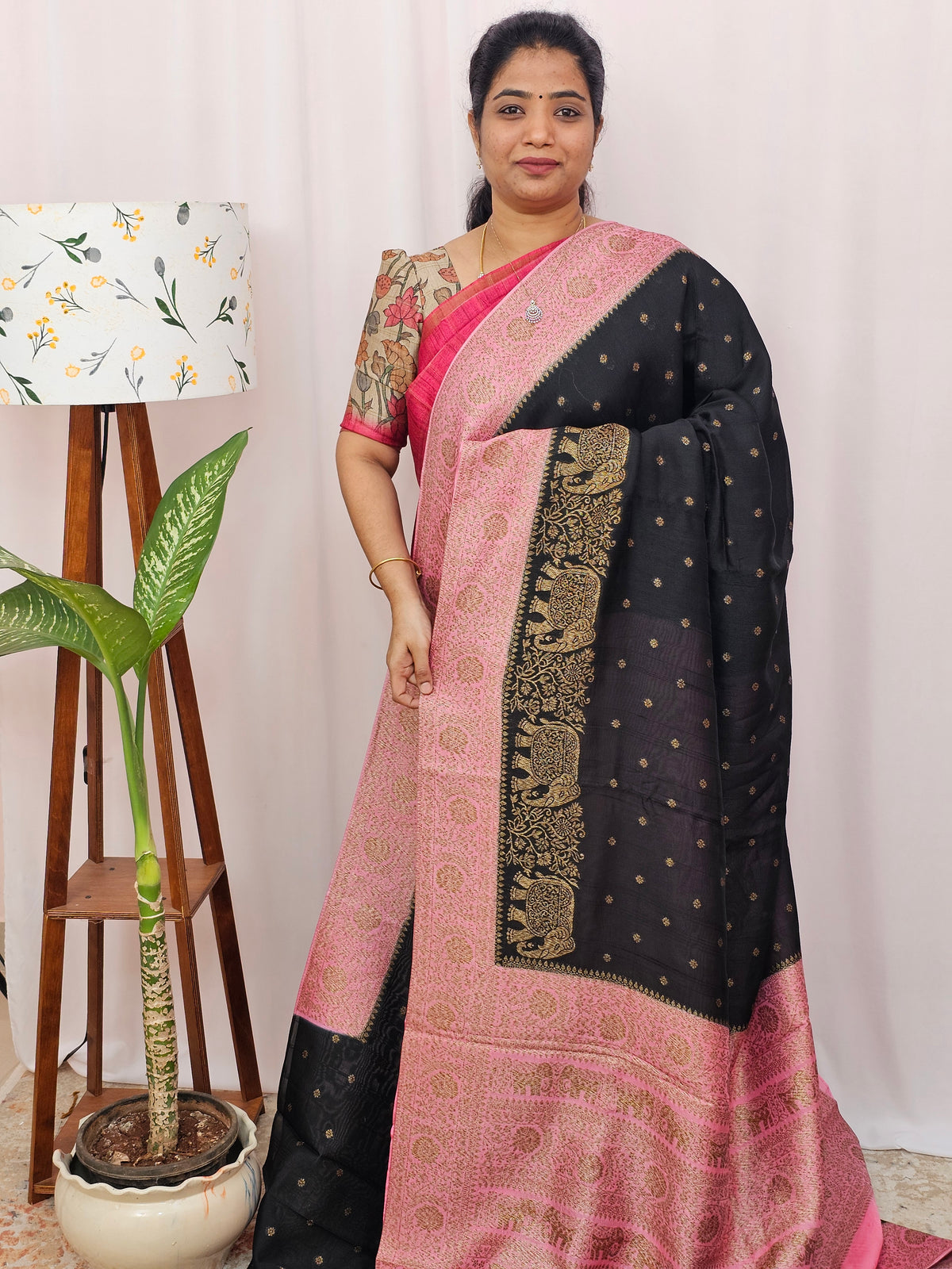 Jute Banarasi Silk Saree - Black with Pink
