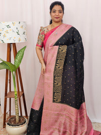 Jute Banarasi Silk Saree - Black with Pink