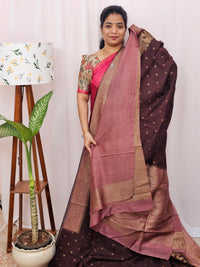Jute Banarasi Silk Saree - Brown with Onion Pink