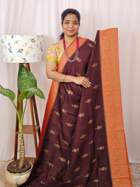 Jute Banarasi Silk Saree - Brown with Orange