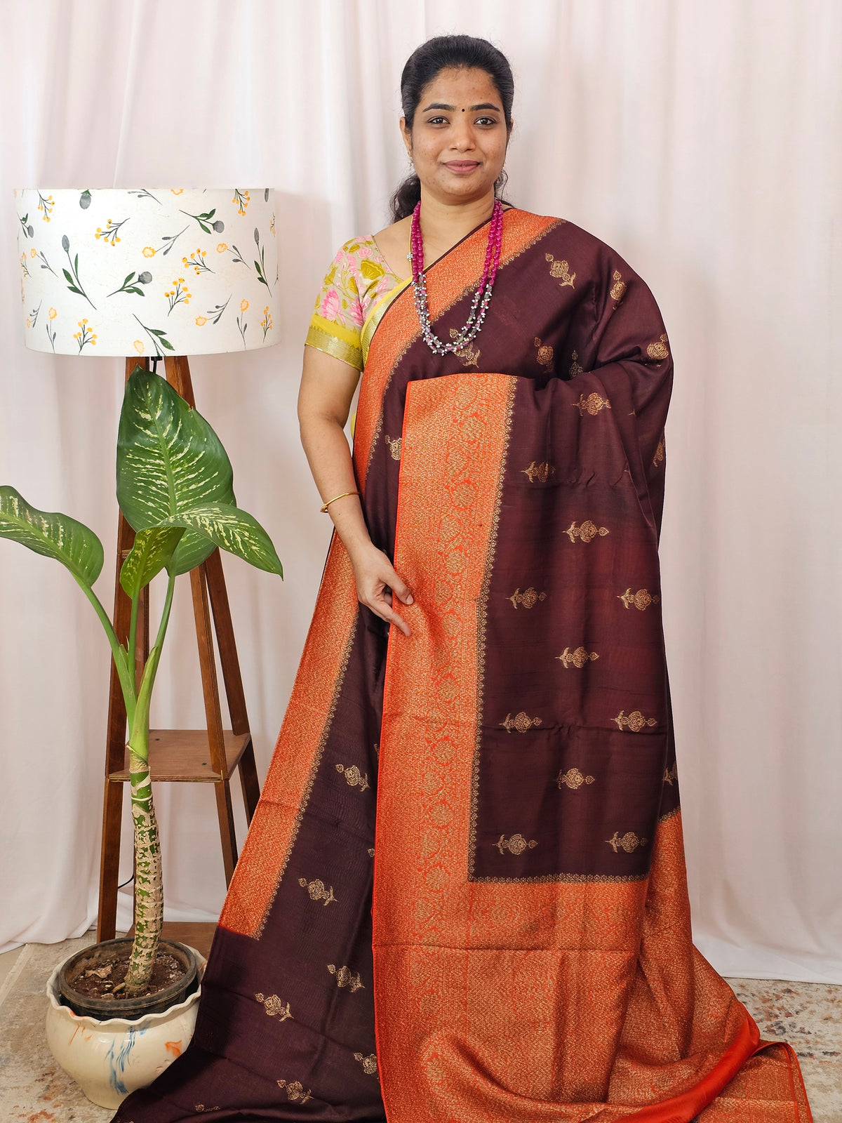 Jute Banarasi Silk Saree - Brown with Orange