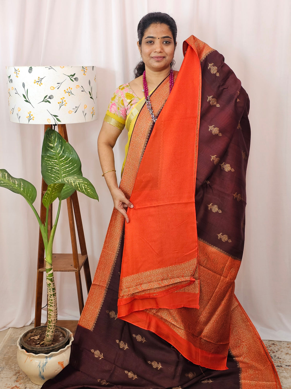 Jute Banarasi Silk Saree - Brown with Orange