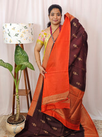 Jute Banarasi Silk Saree - Brown with Orange