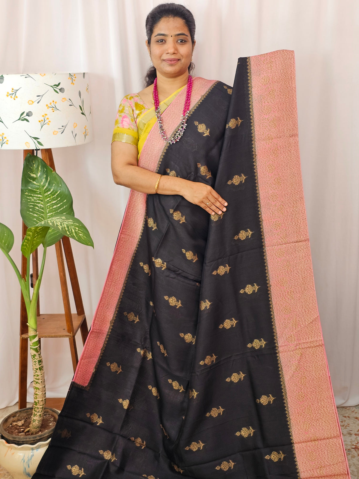 Jute Banarasi Silk Saree - Black with Pink