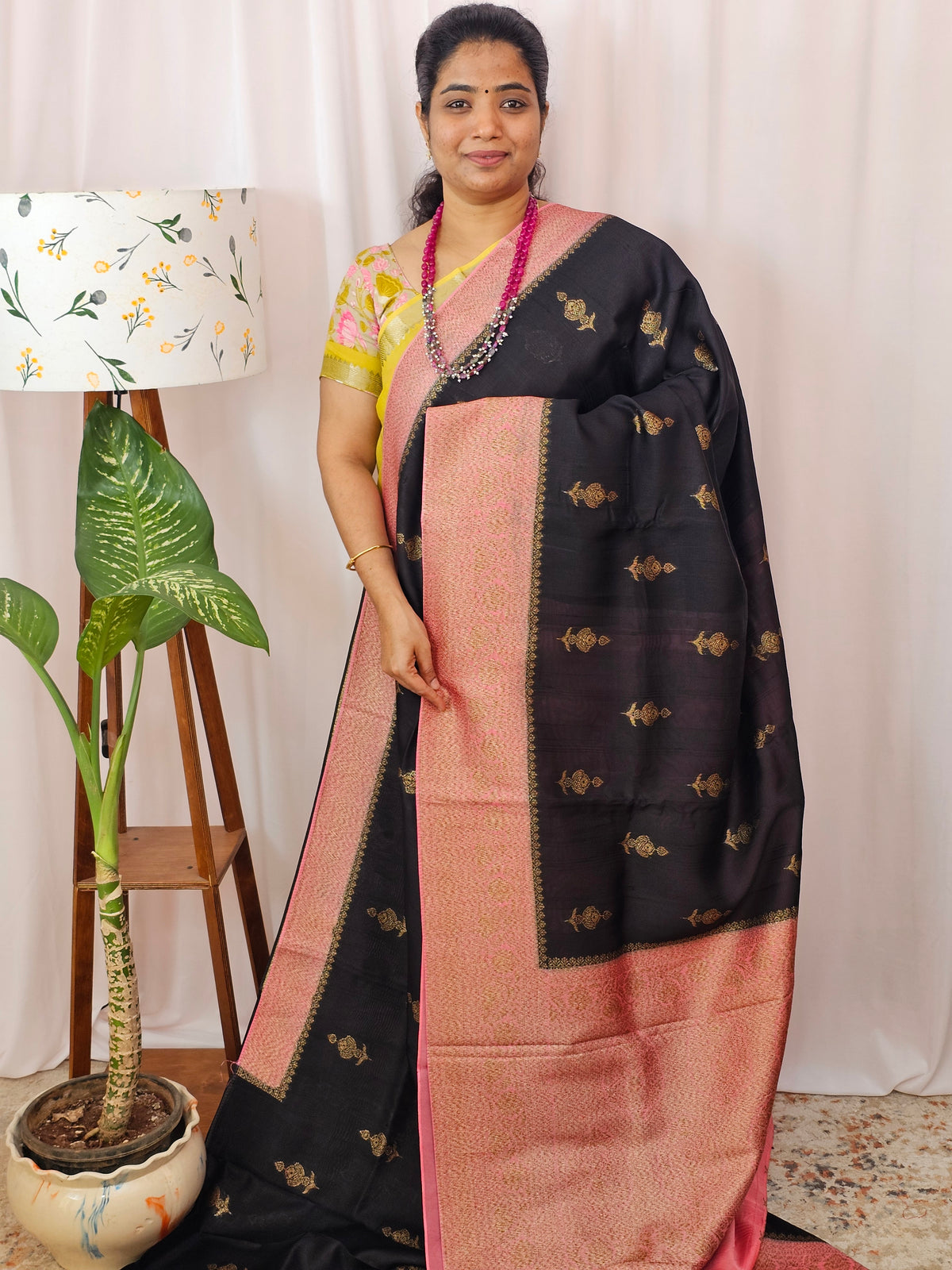 Jute Banarasi Silk Saree - Black with Pink