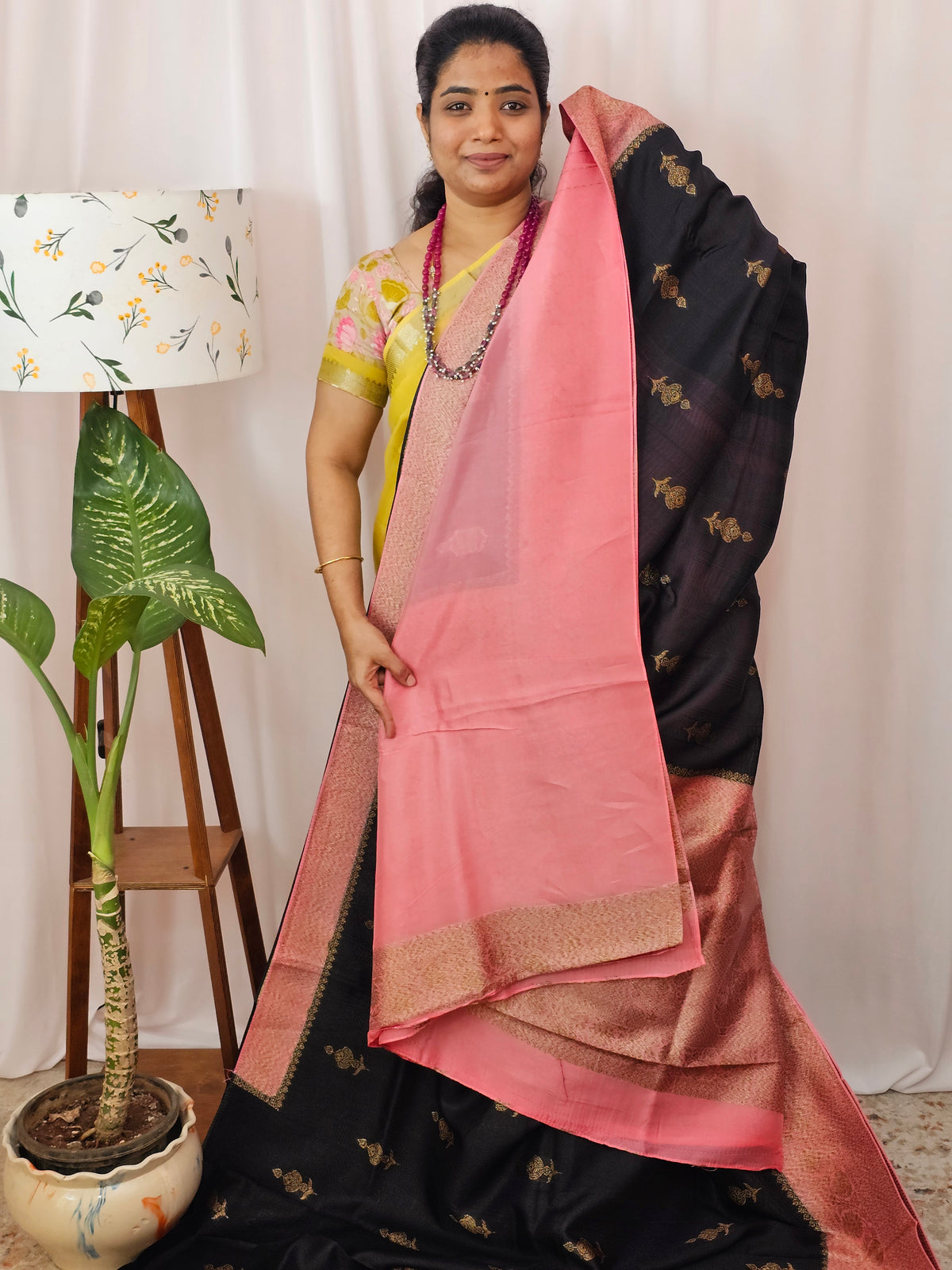 Jute Banarasi Silk Saree - Black with Pink