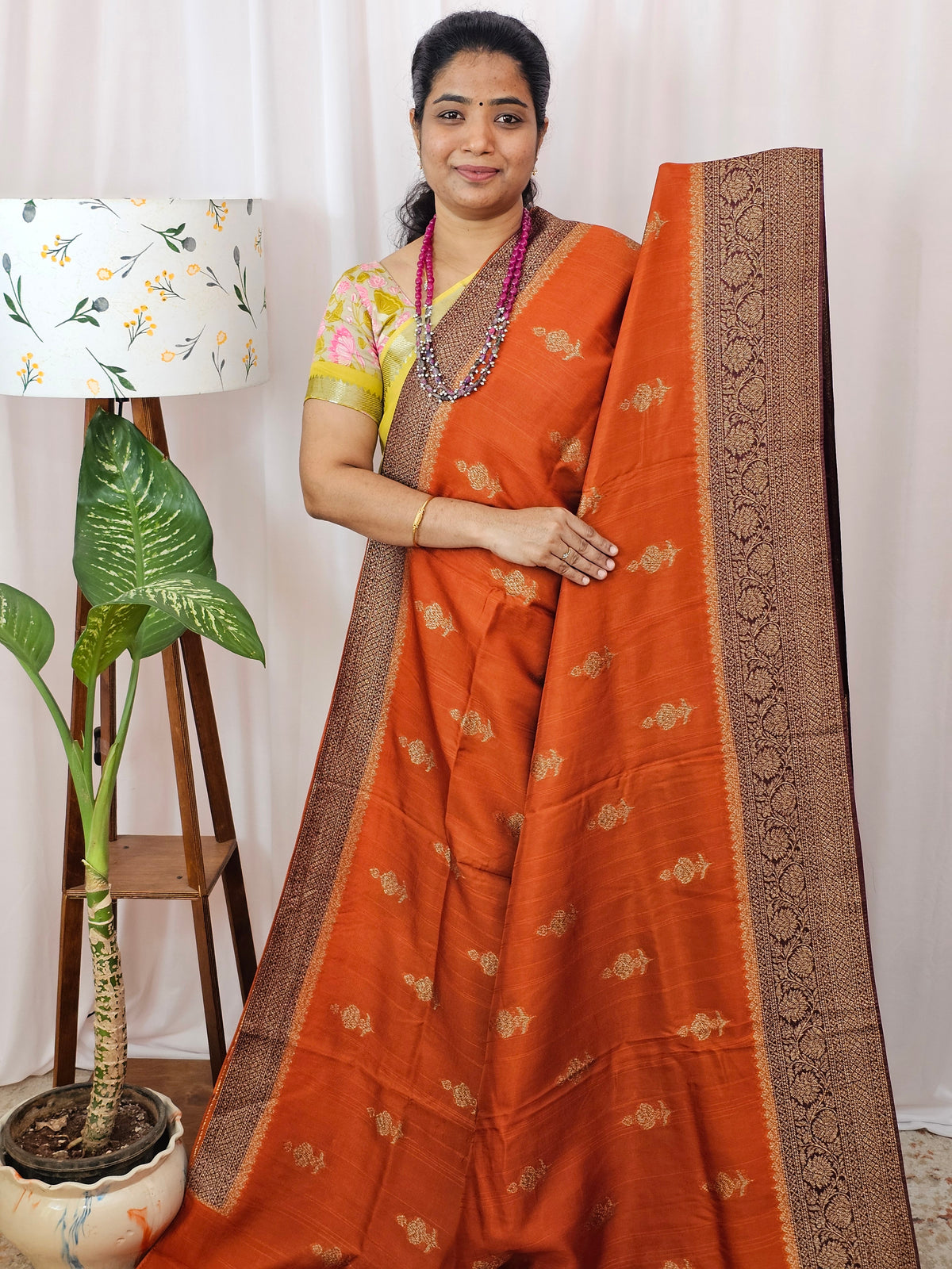 Jute Banarasi Silk Saree - Rust Orange with Brown