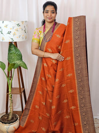 Jute Banarasi Silk Saree - Rust Orange with Brown