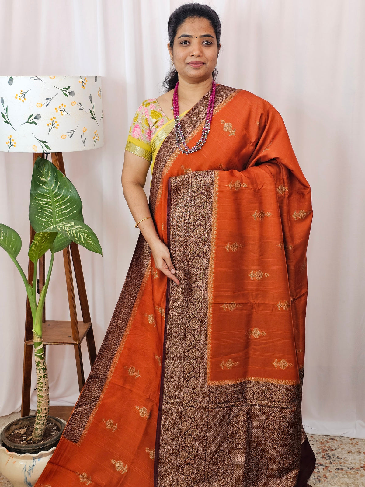 Jute Banarasi Silk Saree - Rust Orange with Brown