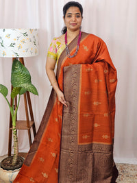 Jute Banarasi Silk Saree - Rust Orange with Brown