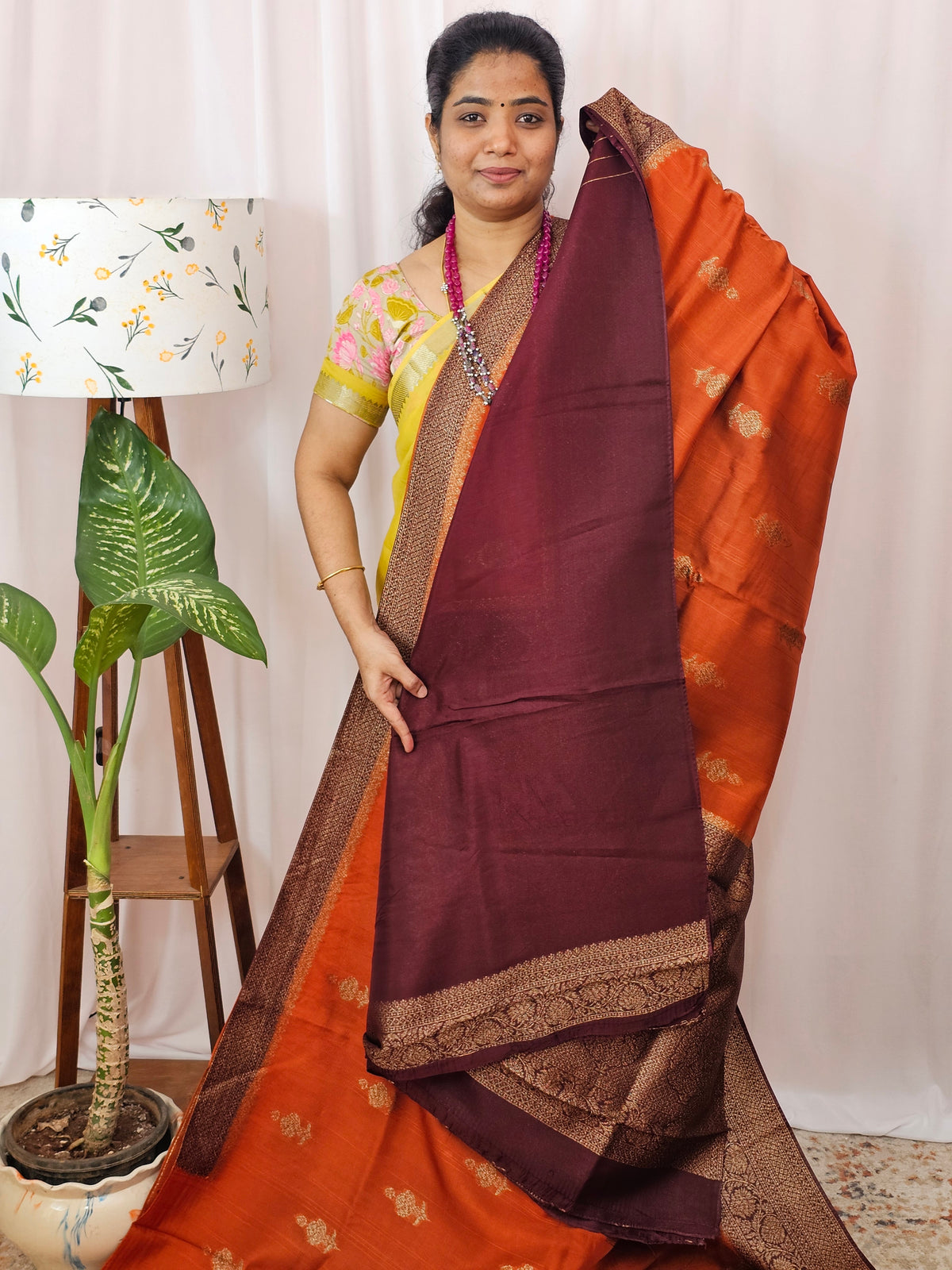 Jute Banarasi Silk Saree - Rust Orange with Brown
