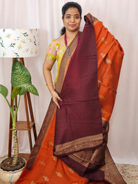 Jute Banarasi Silk Saree - Rust Orange with Brown