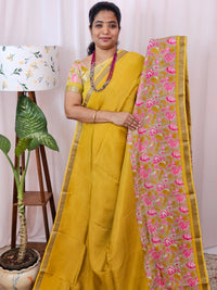 Handwoven Mangalagiri Pattu Saree with Digital Prints  - Yellow with Pink