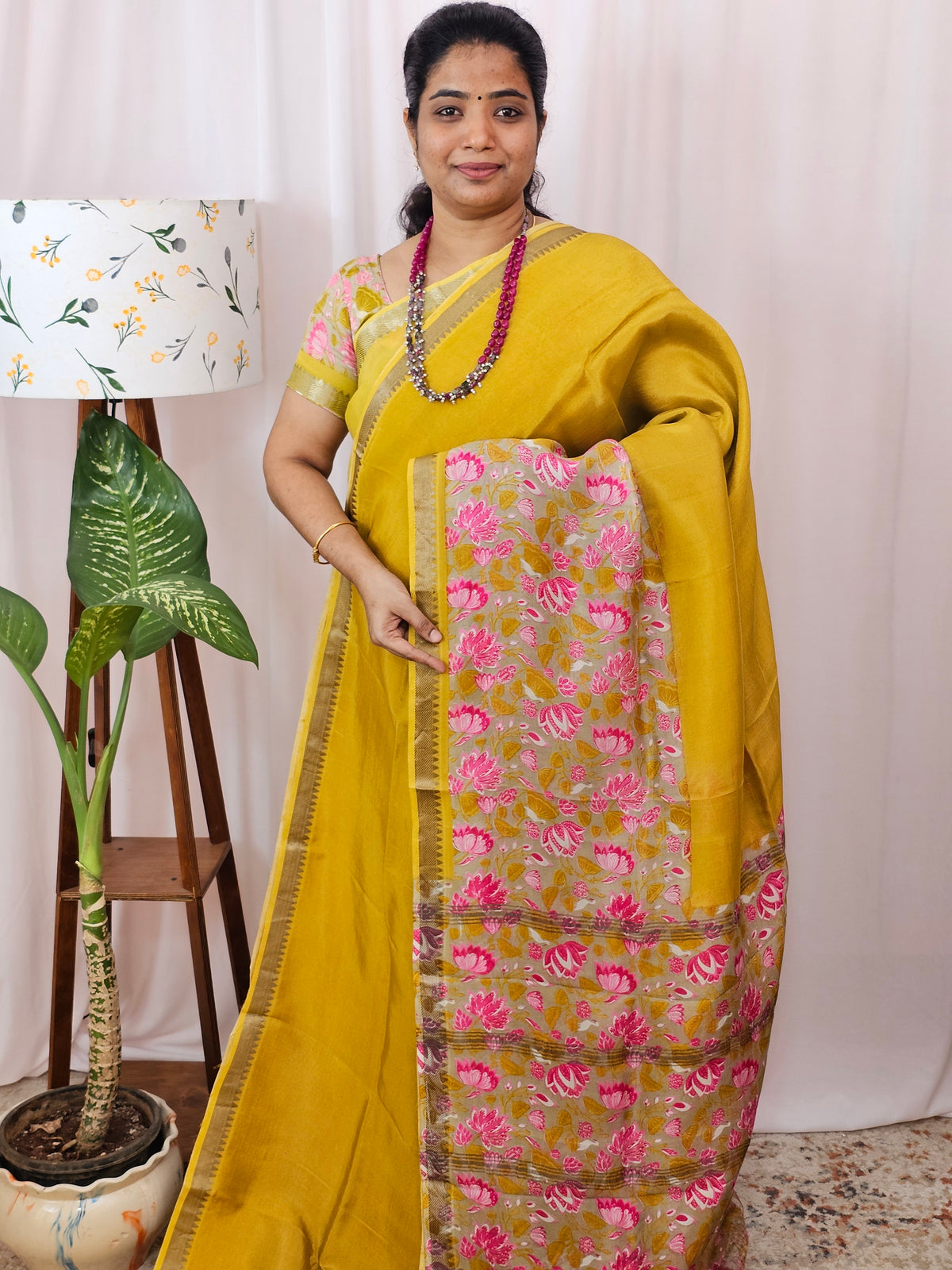 Handwoven Mangalagiri Pattu Saree with Digital Prints  - Yellow with Pink