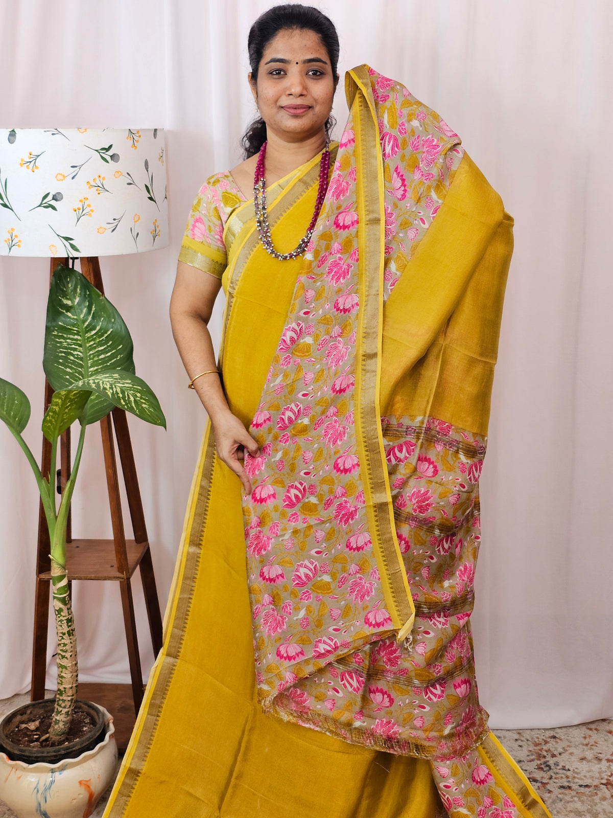 Handwoven Mangalagiri Pattu Saree with Digital Prints  - Yellow with Pink