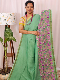 Handwoven Mangalagiri Pattu Saree with Digital Prints  - Green with Purple